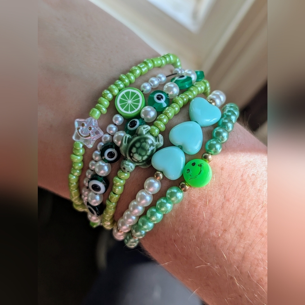 Green and White Beaded Bracelet Set Of 6